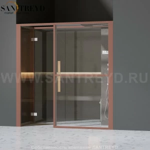 Effegibi LOGICAFILO H LO31030009 Хаммам. Установка: в нишу. Правая дверь. Мощность: 4,5 кВт макс. Размеры: длина 214 см, ширина 250 см. Отделка: матовый лакированный коричневый аллюминий и темный ламинат из керамогранита.