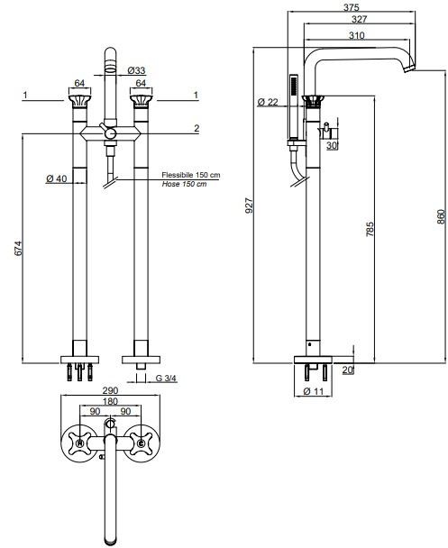 Antonio Lupi Design Напольный смеситель для ванны с ручным душем Timbro Antoniolupi sun-id-1433722 - Вид №1