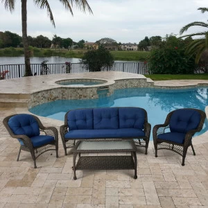 Мебель садовая из ротанга синяя, кресла, диван и столик на 5 персон AFINA  241034 Коричневый;синий