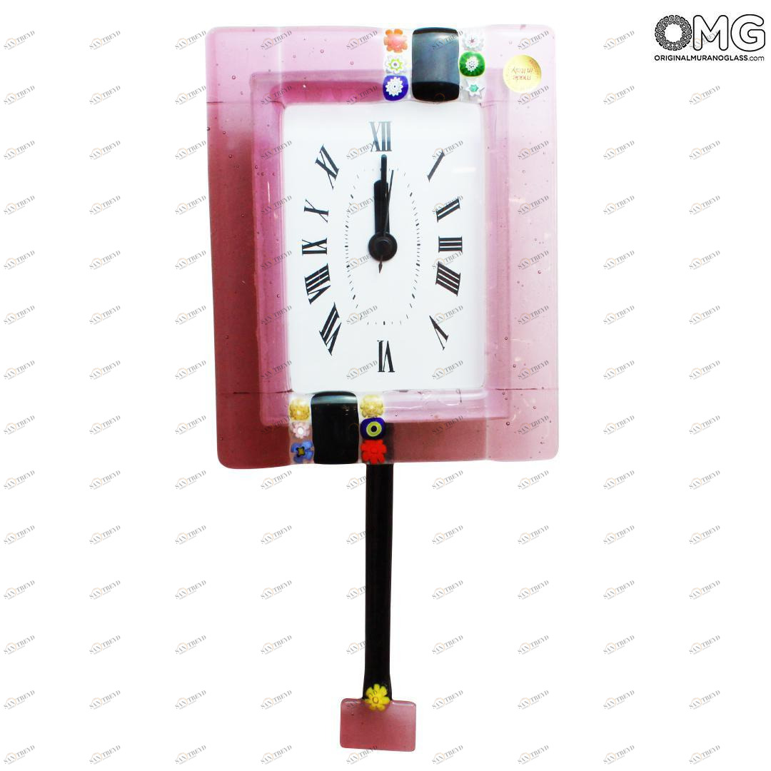 1264 ORIGINALMURANOGLASS Настенные часы с маятником Розовая муррина- маленькие - муранское стекло 14 см 