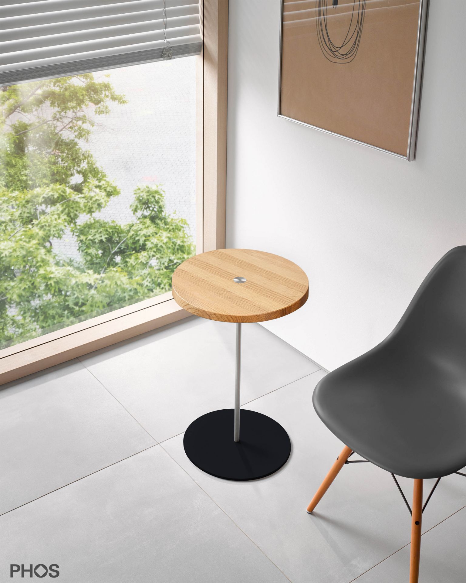 BT600-Eiche-BPS Приставной столик высотой 60 см, столешница из дуба, основание черного цвета. PHOS  - Вид №1