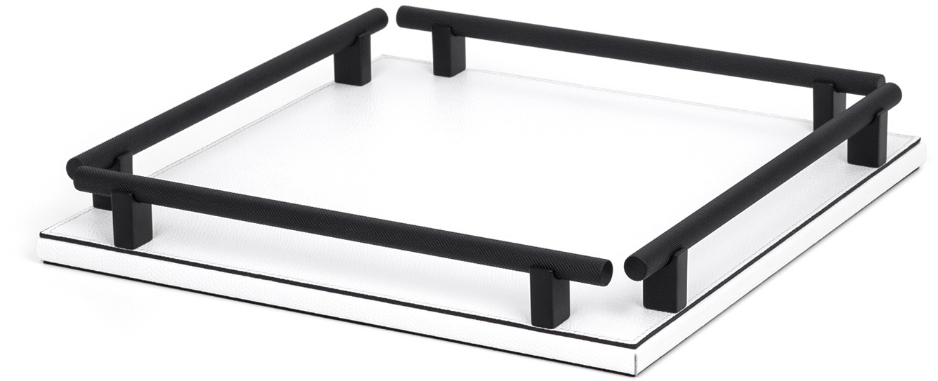 Квадратный поднос Robert - 41X41 см / металлическая отделка_вороненая латунь / плетеная кожа_кремовый