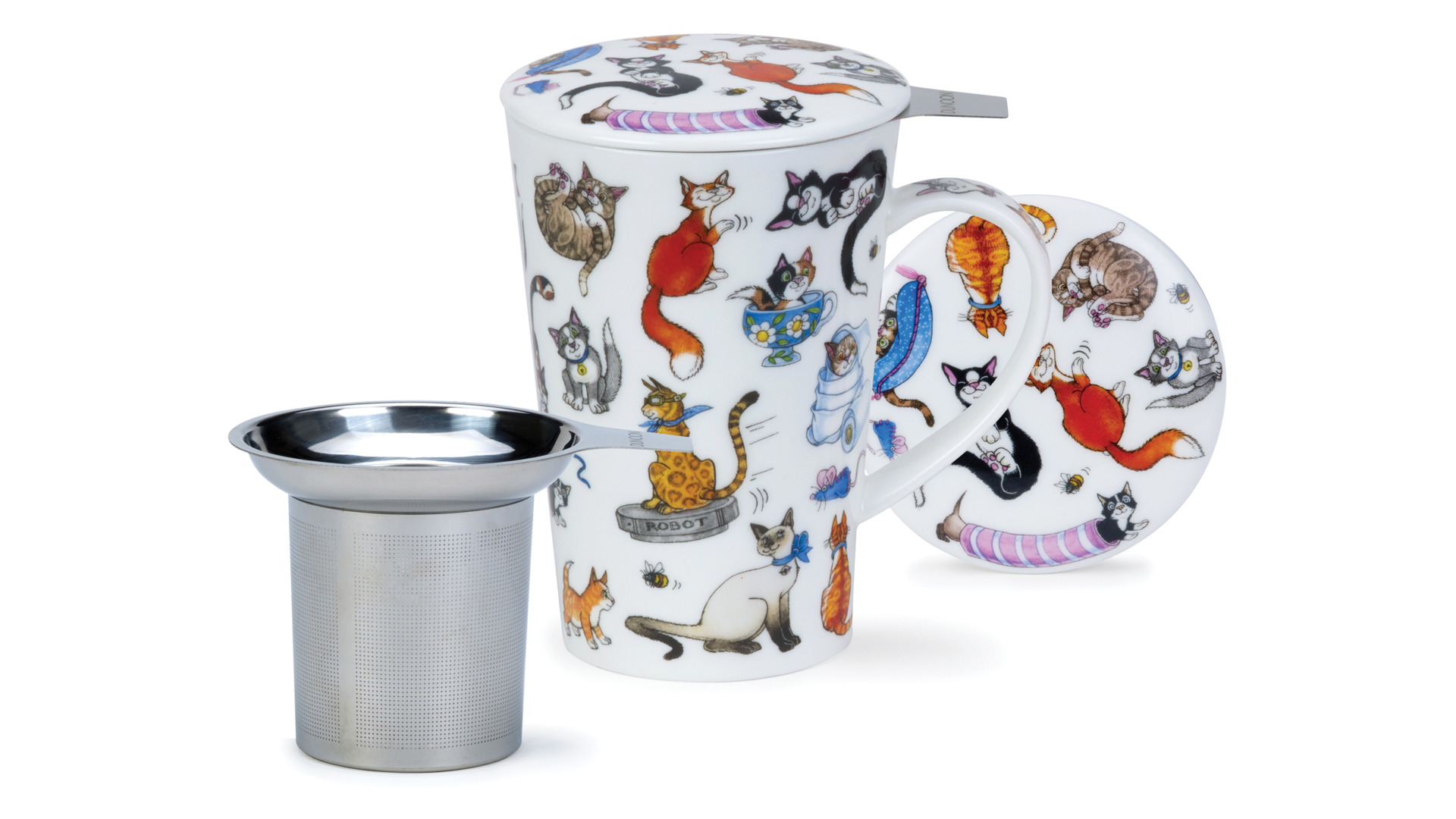 10643501 Dunoon Кружка с ситечком и крышкой Dunoon "Шетлэнд.Забавные кошки" 440мл Фарфор костяной  - Вид №1