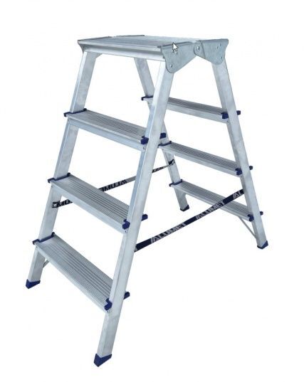Двухсторонняя стремянка алюминиевая c широкой верхней ступенью 260 мм. 4сст.