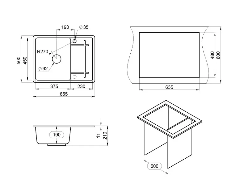 6501, ТУРМАЛИН, кухонная мойка, кварц GRANULA 6501-ST150 - Вид №3