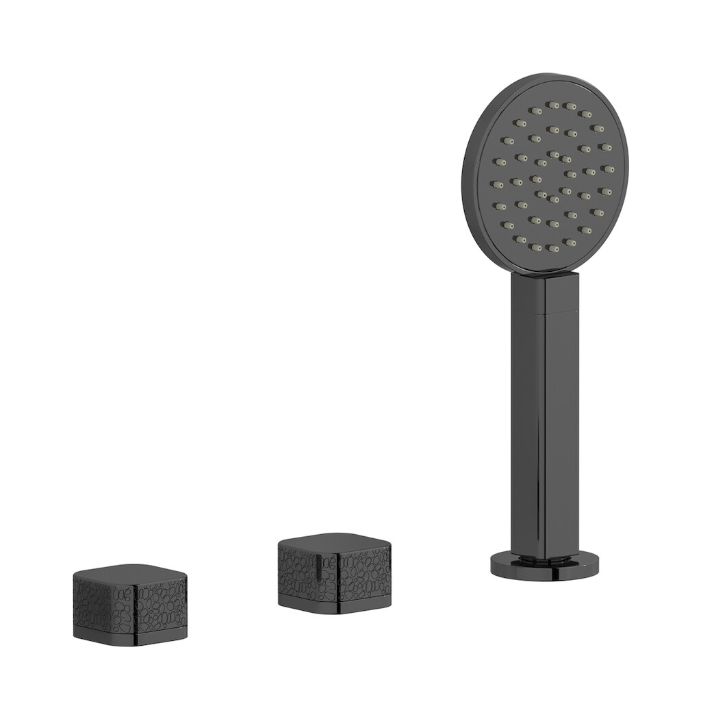 Смеситель на бортик ванной на 3 отверстия с изливом, дивертером и душевым гарнитуром. WE ARE IB eo397cf_2 Black Chrome Elio