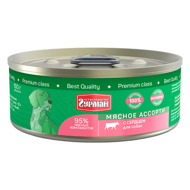 Т0055555 Корм для собак Мясное ассорти сердце с кольцом конс. 100г ЧЕТВЕРОНОГИЙ ГУРМАН 
