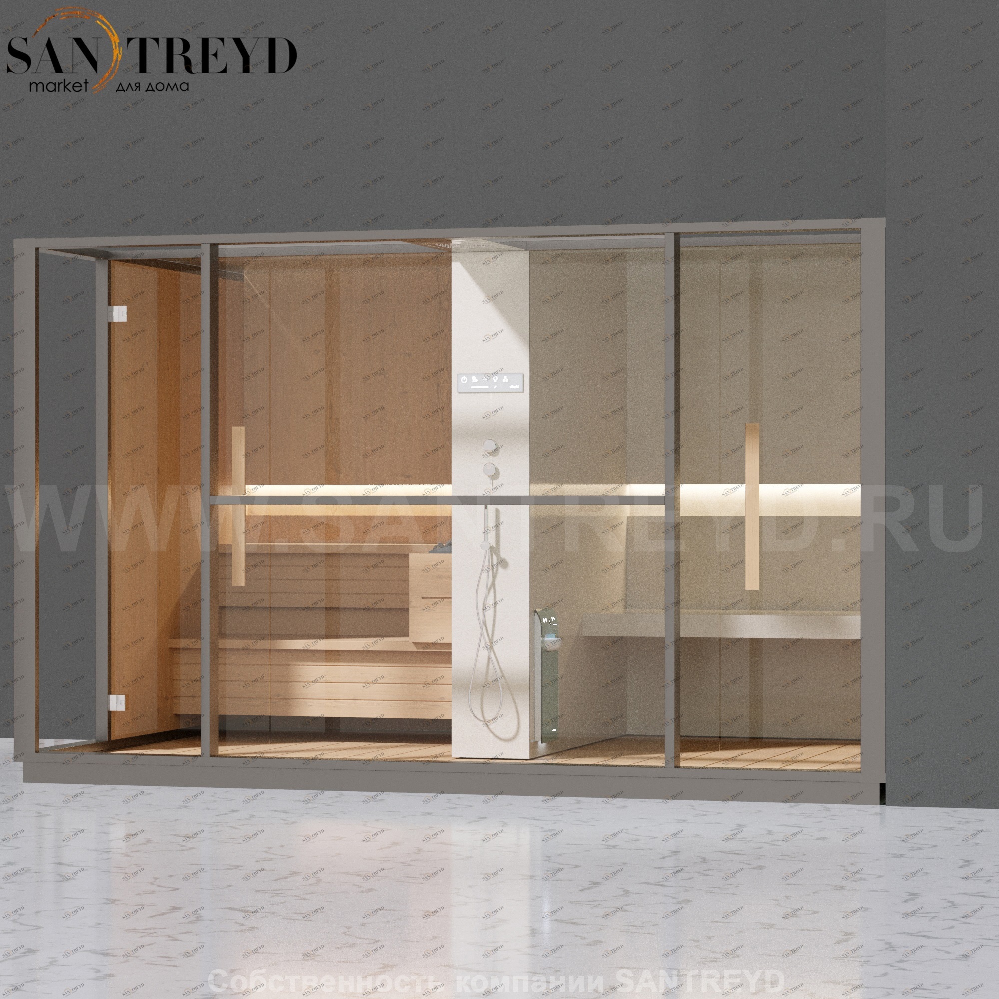 Effegibi LOGICA LO10010007 Комбинированная баня: хаммам и сауна. Установка: в правый угол. Мощность: 10,5 кВт макс. Размеры: длина 373 см, ширина 250 см. Отделка: канадский хемлок, матовый лакированный серый аллюминий и бежевый ламинат из керамогранита.