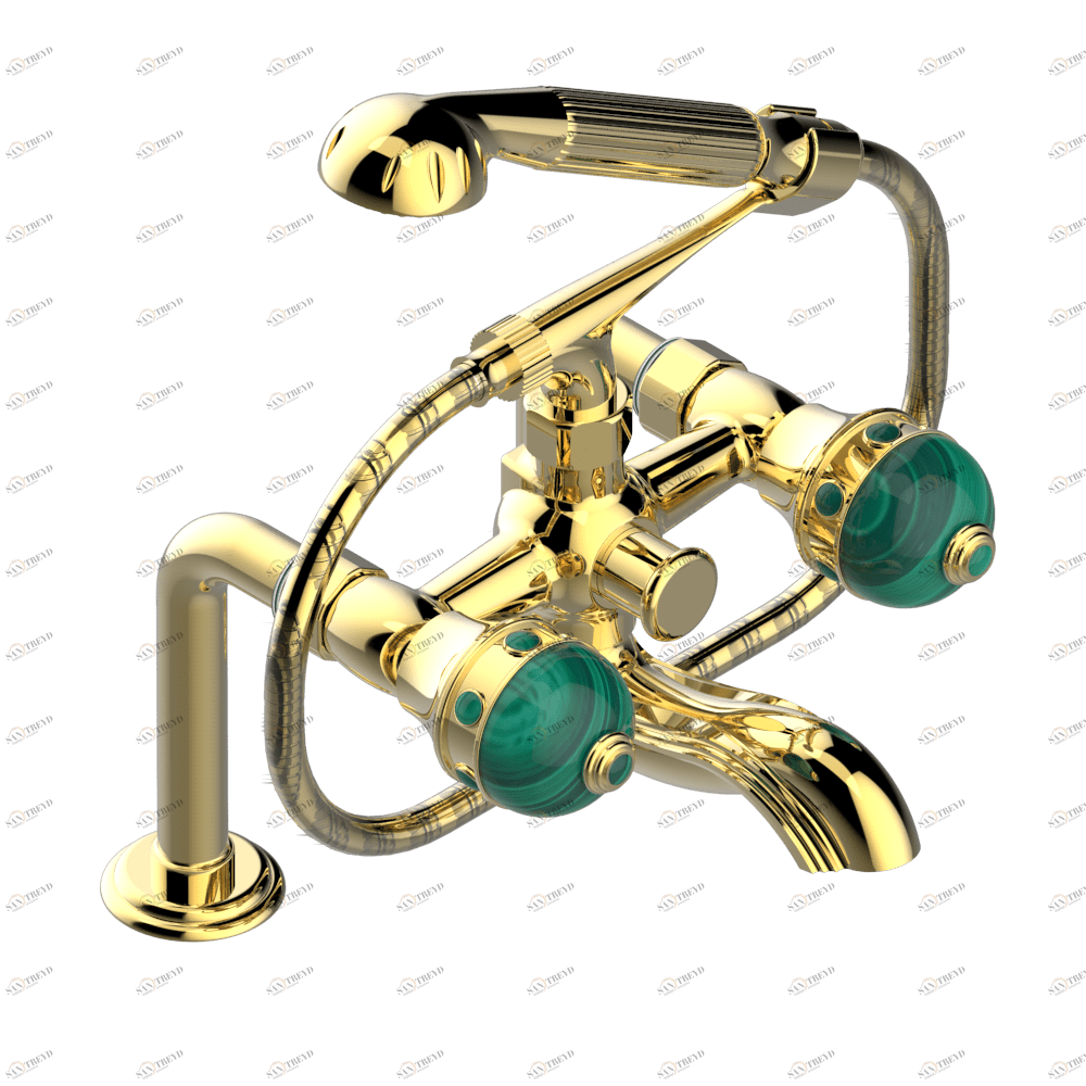 A1V-13G Смеситель для ванны/душа устанавливаемый на борту на два отверстия с душем и шлангом - 150 мм между центрами Thg-paris Sully с малахитом Золото A1V 13G CAT.F