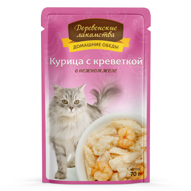 ПР0046897 Корм для кошек Курица с креветкой в нежном желе пауч 70г ДЕРЕВЕНСКИЕ ЛАКОМСТВА 