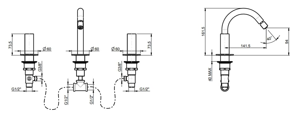 Смеситель для биде с 3 отверстиями и отдельными розетками Rubinetterie Frattini Pepe XL ARCH-00032699 - Вид №8