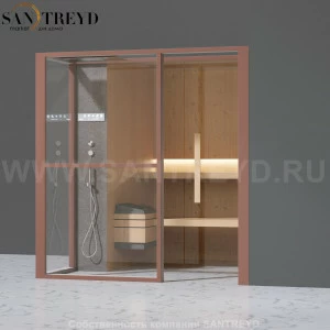 Effegibi LOGICAFILO S LO21030008 Сауна. Установка: в правый угол. Левая дверь. Мощность: 6 кВт макс. Размеры: длина 214 см, ширина 250 см. Отделка: канадский хемлок, матовый лакированный коричневый аллюминий и темный ламинат из керамогранита.