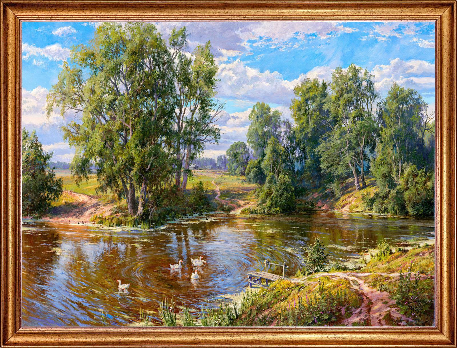 90023595 Картина на холсте Сельский пруд БС-х38, 68х88 см STLM-0088388 РУССКАЯ КОЛЛЕКЦИЯ
