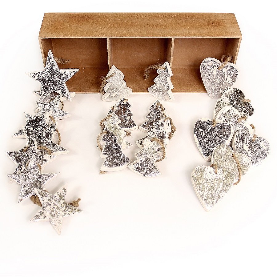 Набор елочных украшений деревянных в подарочной коробке "Звезды, ели, сердца серебряные" Silver star ENJOYME  253087 Серебро  - Вид №2