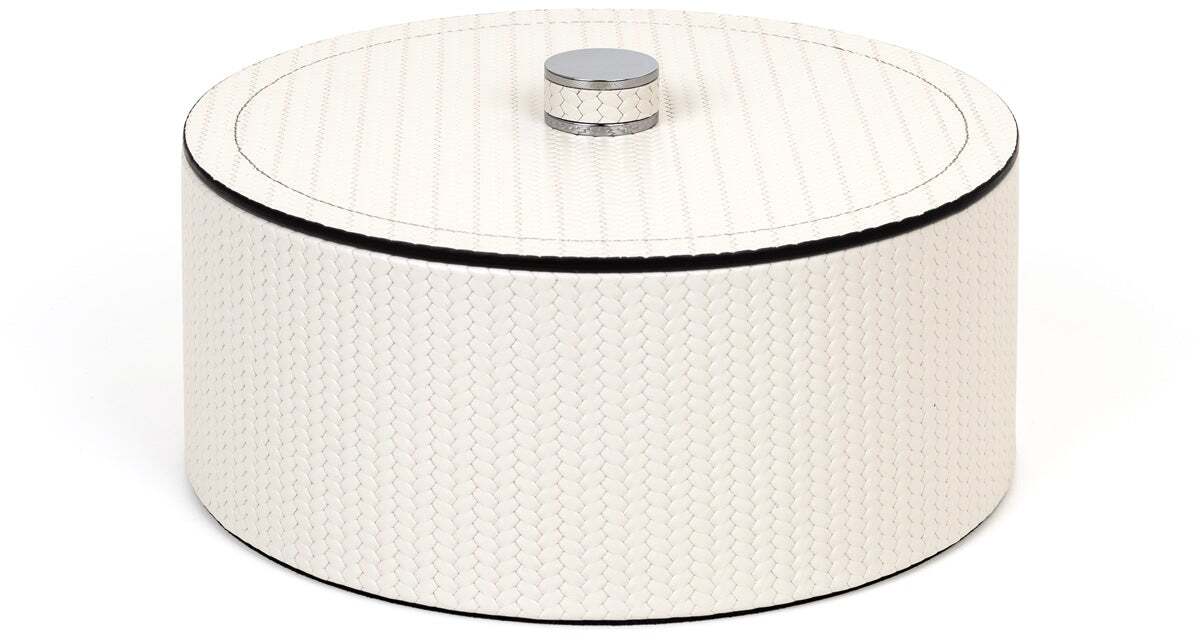 Круглая шкатулка Lucy - Ø 17XH13 см / металлическая отделка_сатинированная латунь / плетеная кожа_кремовая