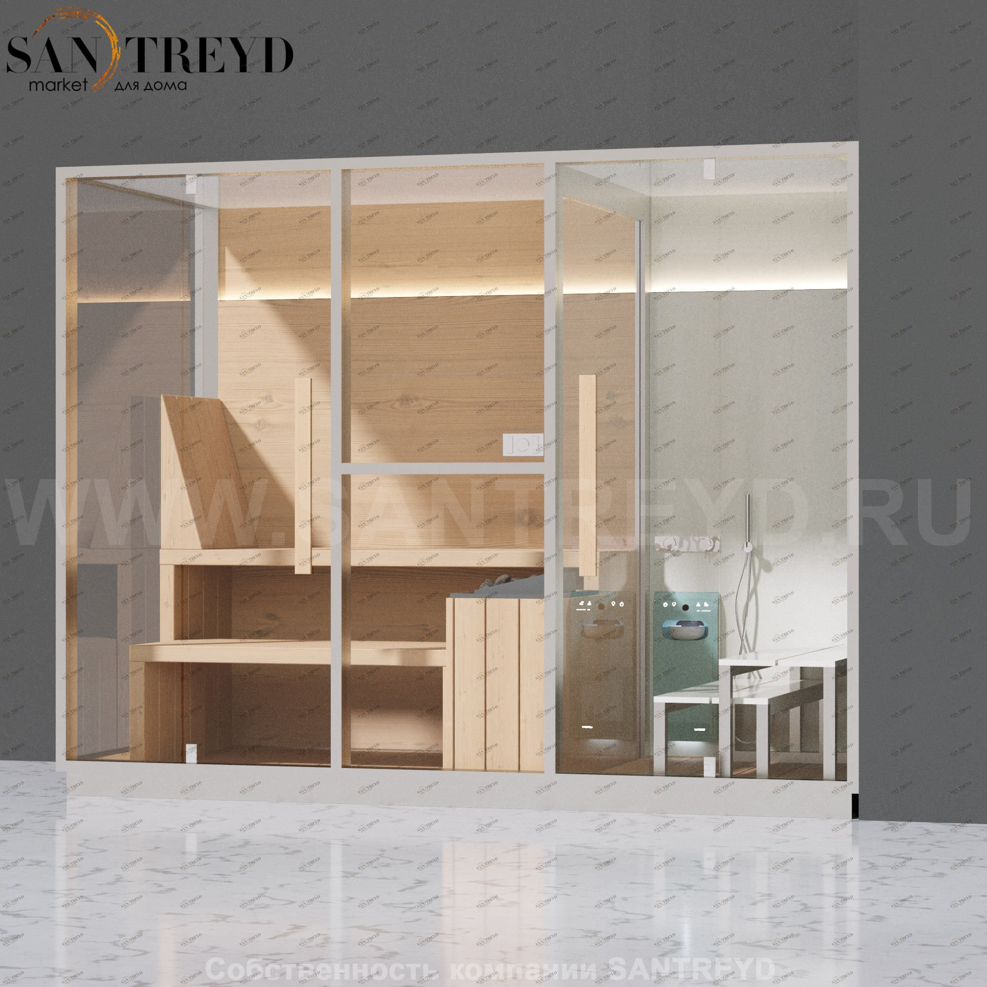 Effegibi MID LO70020003 Комбинированная баня: хаммам - душ и сауна. Установка: в правый угол. Мощность: 11 кВт макс. Размеры: длина 300 см, ширина 137 см. Отделка: канадский хемлок, матовый лакированный коричневый аллюминий и темный ламинат из керамограни