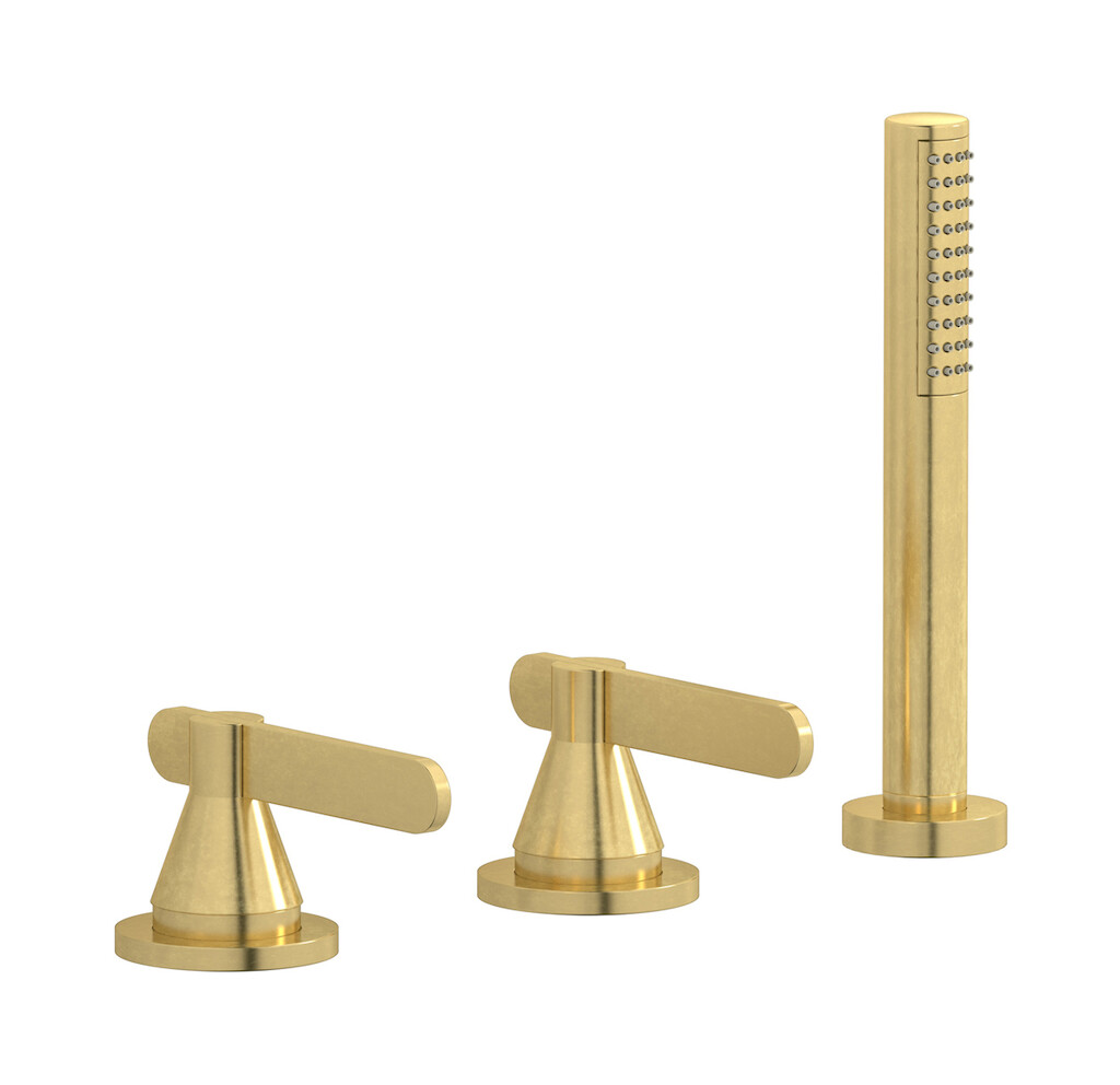 Смеситель на бортик ванной на 3 отверстия с изливом, дивертером и душевым гарнитуром. WE ARE IB ol200cs Natural Brass Soho