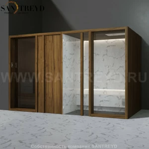 Effegibi YOKU.D SH YO.20310003 Комбинированная баня: хаммам и сауна. Установка: в левый угол. Мощность: 10,5 кВт макс. Размеры: длина 342 см, ширина 170 см. Отделка: чёрный орех и светлый керамогранит