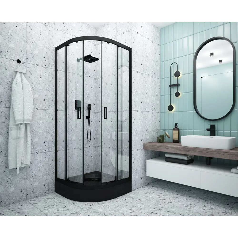 Душевая ширма Метакам Apart Black 1/4 круга 90x90x185см цвет профиля черный раздвижная стекло 4мм прозрачное STLM-2132893