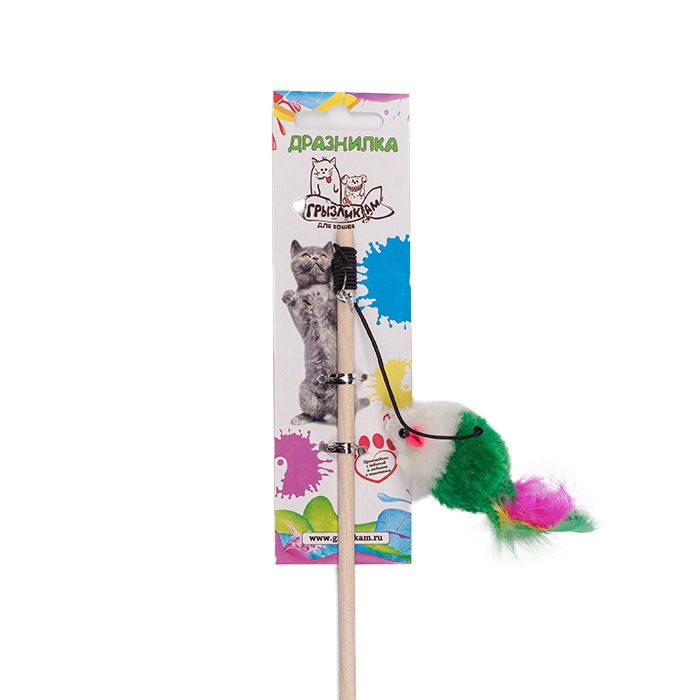 ПР0045452 Игрушка для кошек Дразнилка-удочка Мышка мех с перьями, дерево 5х2.5х50см ГРЫЗЛИК АМ 