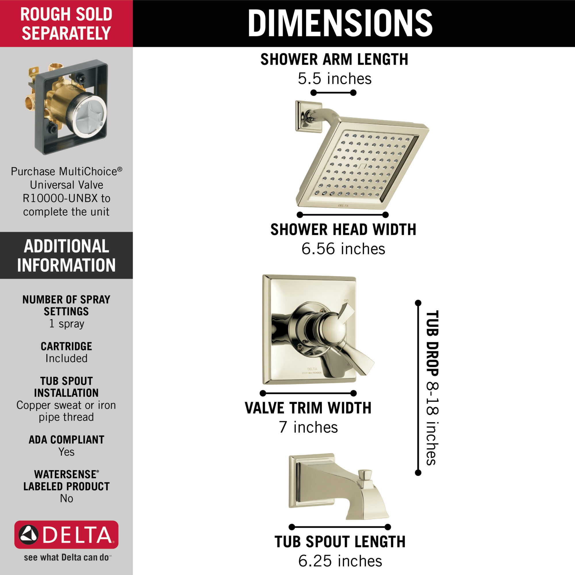 T17451-PN Для ванны и душа Monitor® 17 Series Delta Faucet Dryden Полированный никель  - Вид №1