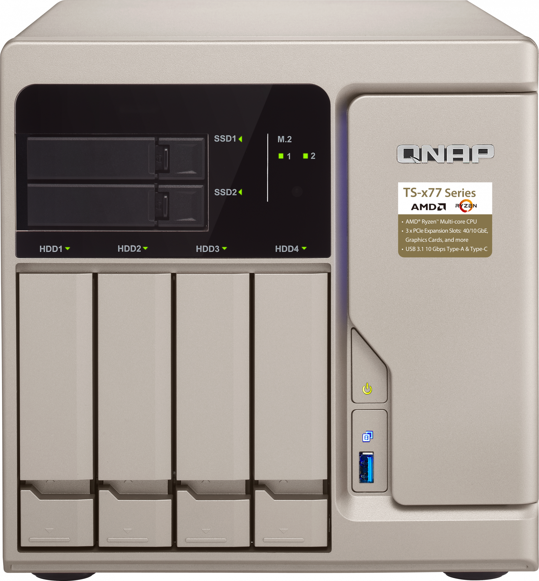 TS-677-1600-8G Enterprise 6-bay nas (4x 2.5"/3.5" sata hdd/ssd + 2x 2.5" sata ssd + 2x m.2 sata ssd slot), amd ryzen 5 1600 6-core/12-thread 3.2 ghz (up to 3.6 ghz), 8gb ddr4 ram (2 x 4 gb) up to 64gb ram(4 x 16 gb), 4xgbe lan QNAP Santreyd 