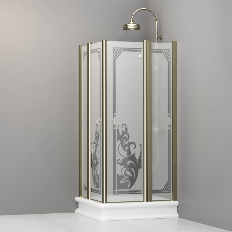 9145P1 Душевая кабинаDX/SX с двумя распашными дверьми и неподвижными элементами для душевого поддона квадрат 90x90, цвет Золотистый Kerasan RETRO Италия 