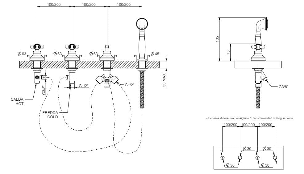 Встраиваемый смеситель для ванны с 4 отверстиями и ручным душем Rubinetterie Frattini Dedra ARCH-00129557 - Вид №3