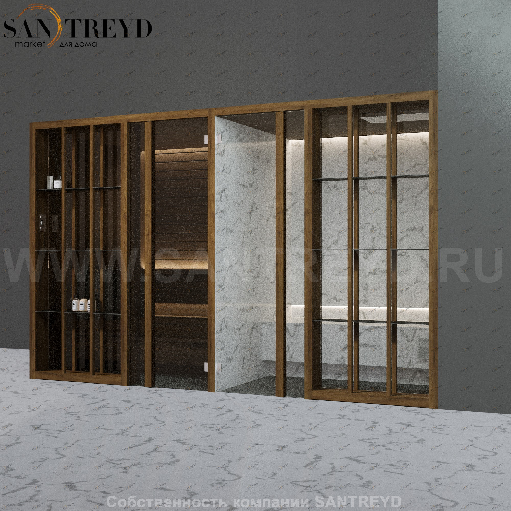 Effegibi YOKU.S SH YO.10310002 Комбинированная баня: хаммам и сауна. Установка: в правый угол. Мощность: 10,5 кВт макс. Размеры: длина 342 см, ширина 170 см. Отделка: чёрный орех и светлый керамогранит YO10310002