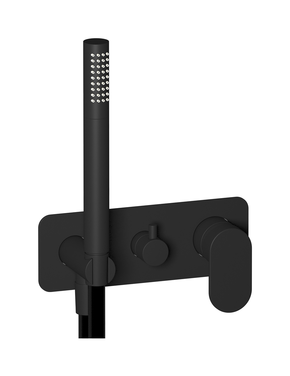 Внешние части встроенного в стену смесителя на 2 потребителя в комплекте с душевым гарнитуром. WE ARE IB k2313np Matt Black K2