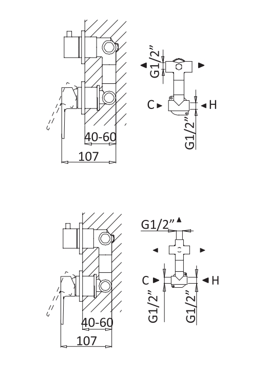 Встраиваемый смеситель для душа с поворотным переключателем на 2 выхода CEZARES NAUTIC-VDIM2-M-NOP - Вид №1