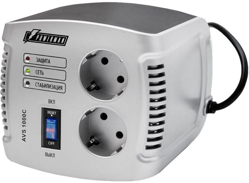POWERMAN AVS 1000 C Stabilizer avs 1000c, step-type regulator, 1000va / 500w, 150-280v, the maximum input current is 8a, 2 eurosockets, ip-20, floor standing, 151mm x 126mm x 123mm, 2kg. POWERMAN Santreyd 