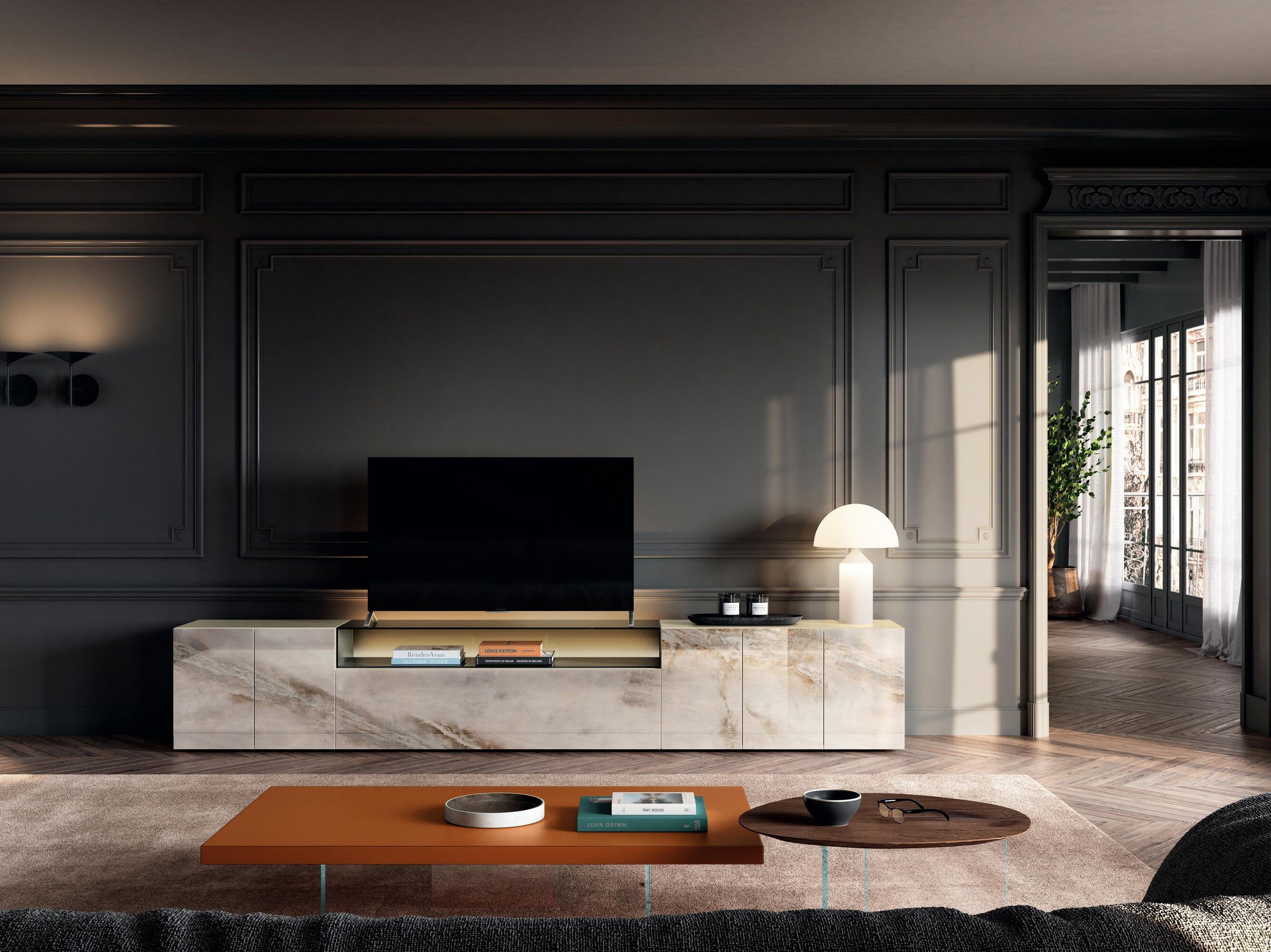 Стеклянный шкаф для телевизора с выдвижными ящиками и распашными дверцами Lago 36E8 GLASS - 2151 ARCH-00036205 - Вид №1