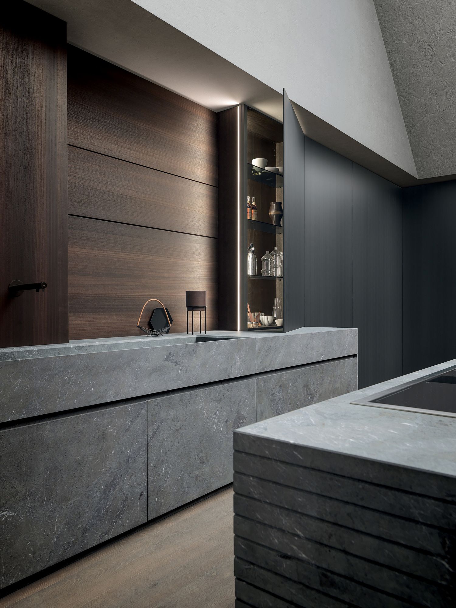 Кухня с каменным островом и эвкалиптовым шпоном MODULNOVA Blade Lab ARCH-00136930 - Вид №3