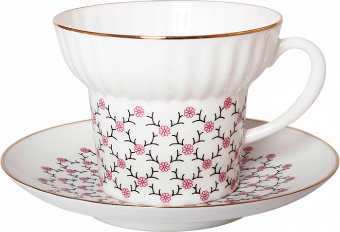 82189 Императорский фарфоровый завод Чашка с блюдцем "Розовая сетка" "Волна" Фарфор костяной 