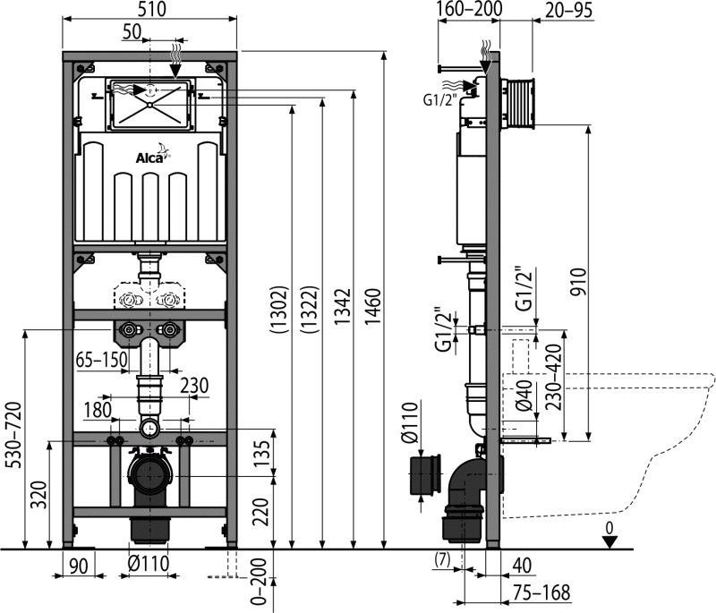 Монтажная рама с бачком для видуара и смесителя, со стоковым коленом DN90/110 ALCAPLAST A108F1500 - Вид №1