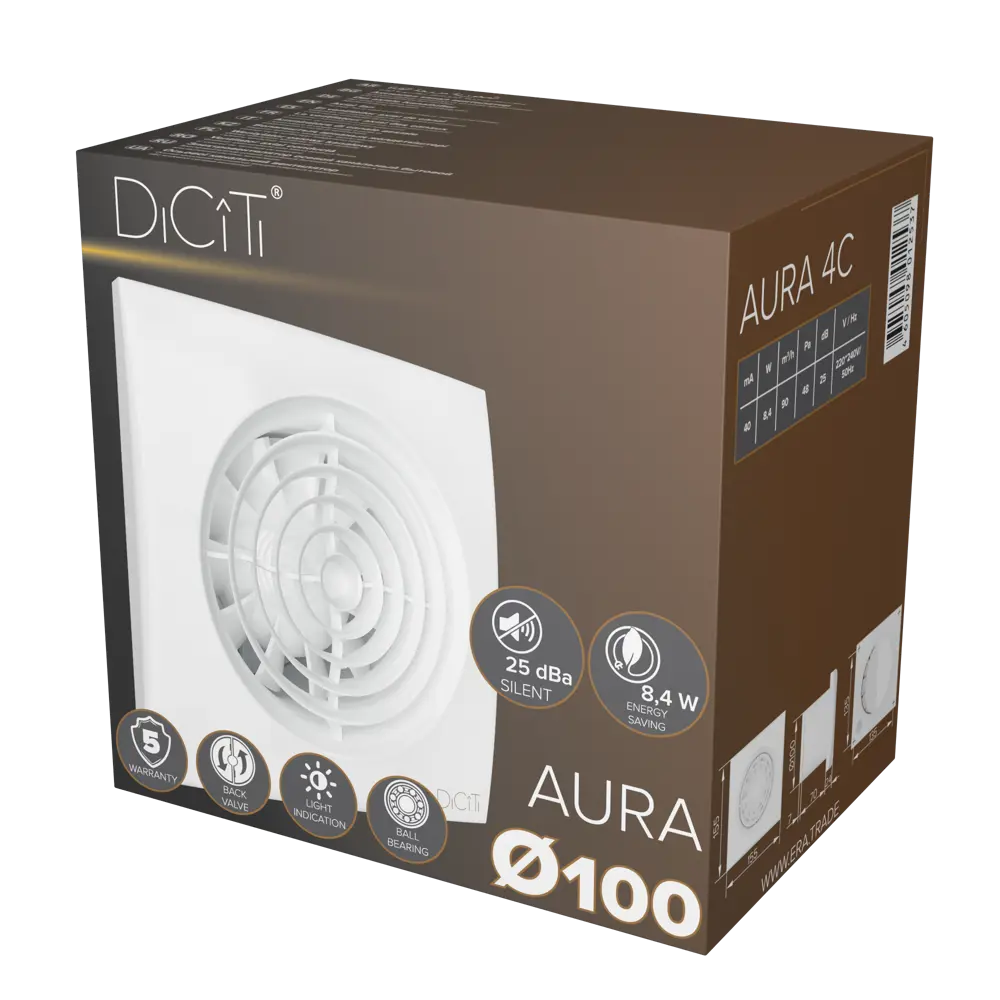 Вентилятор осевой вытяжной Diciti Aura 4C D100 мм 25 дБ 90 м3/ч обратный клапан цвет белый STLM-2049685 - Вид №4