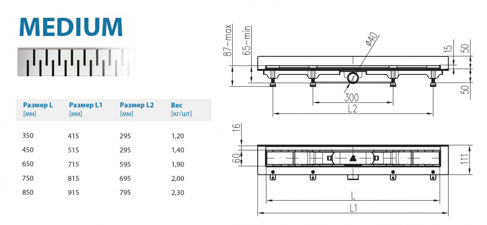 Водоотводящий желоб ALPEN Medium ALP-750M2 для монтажа вплотную к стене  - Вид №1