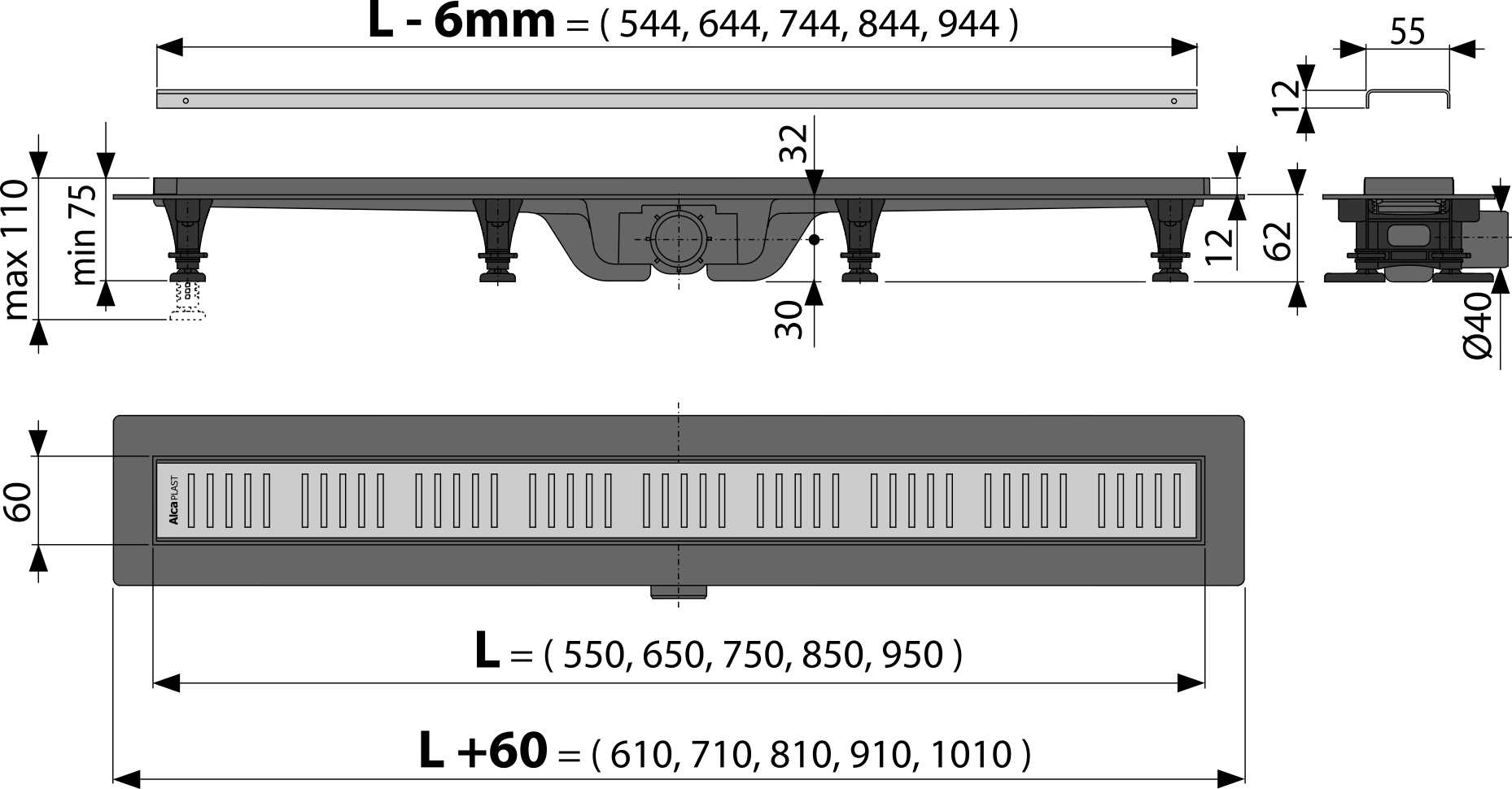 Водоотводящий желоб с порогами для перфорированной решетки ALCAPLAST APZ101LOW - Вид №1