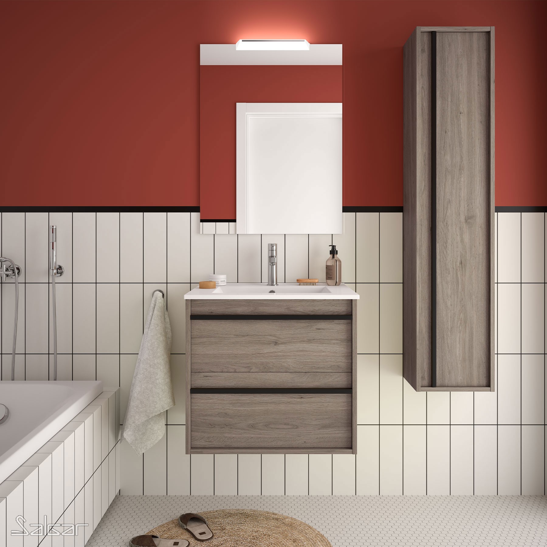84940 SALGAR Комплект мебели для ванной ATTILA 600 ETERNITY OAK + Раковина + Зеркало + Свет Робл Вечность