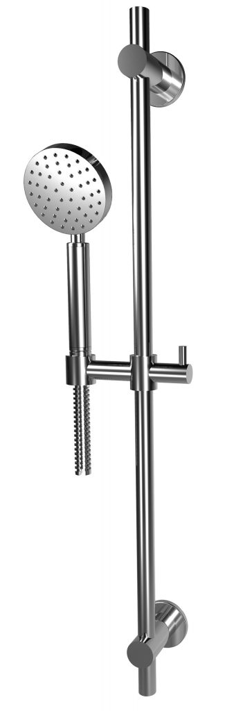 70976 INOX Полированная нержавеющая сталь 316, круглая минималистичная скользящая шина Ø 90 мм. Круглый ручной душ однофункциональный, стальное отверстие в стене, кронштейны слайдера и шланг с двойной блокировкой. Bongio Wellness