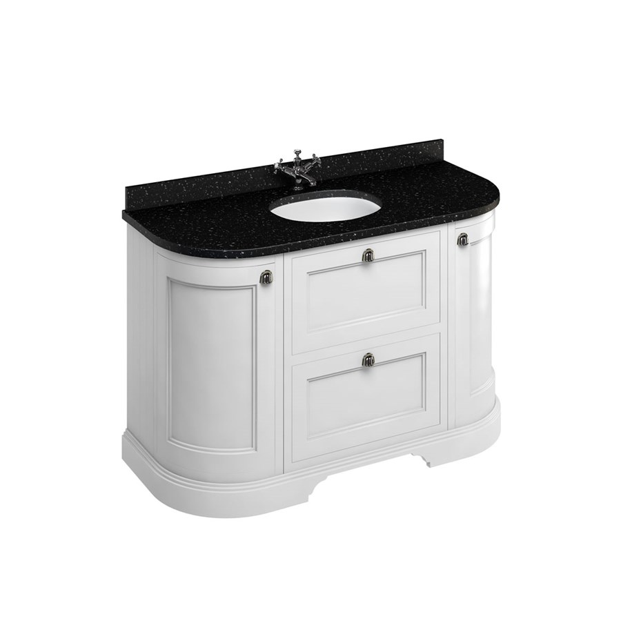 Burlington Отдельностоящий изогнутый блок 134 со столешницей из черного гранита, ящиками и встроенной белой раковиной Песок FC4S_BB13 