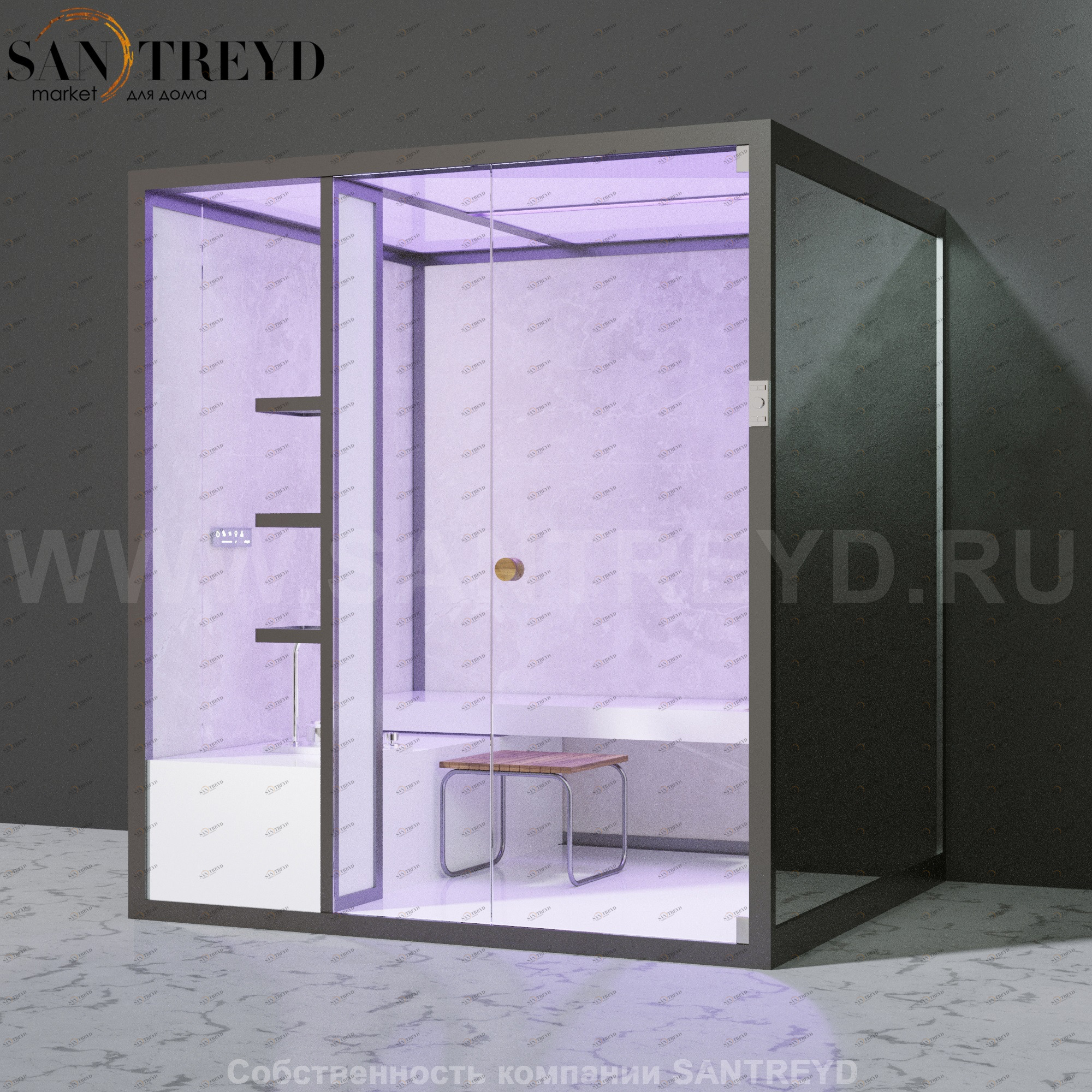 Effegibi BODYLOVE H BL30010007 Хаммам. Установка: к стене. Мощность: 7 кВт макс. Размеры: длина 200 см, ширина 176 см. Отделка: светлый керамогранит и зеркало.