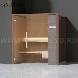 Effegibi ONEFILO S LO51030005 Сауна. Установка: в левый угол. Правая дверь. Мощность: 4,5 кВт макс. Размеры: длина 214 см, ширина 171 см. Отделка: матовый лакированный коричневый аллюминий и темный ламинат из керамогранита.