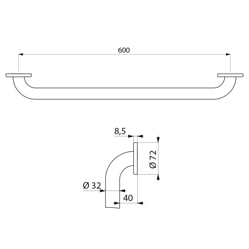 350506W Прямой опорный поручень Basic Ø 32, 600 мм DELABIE  - Вид №1