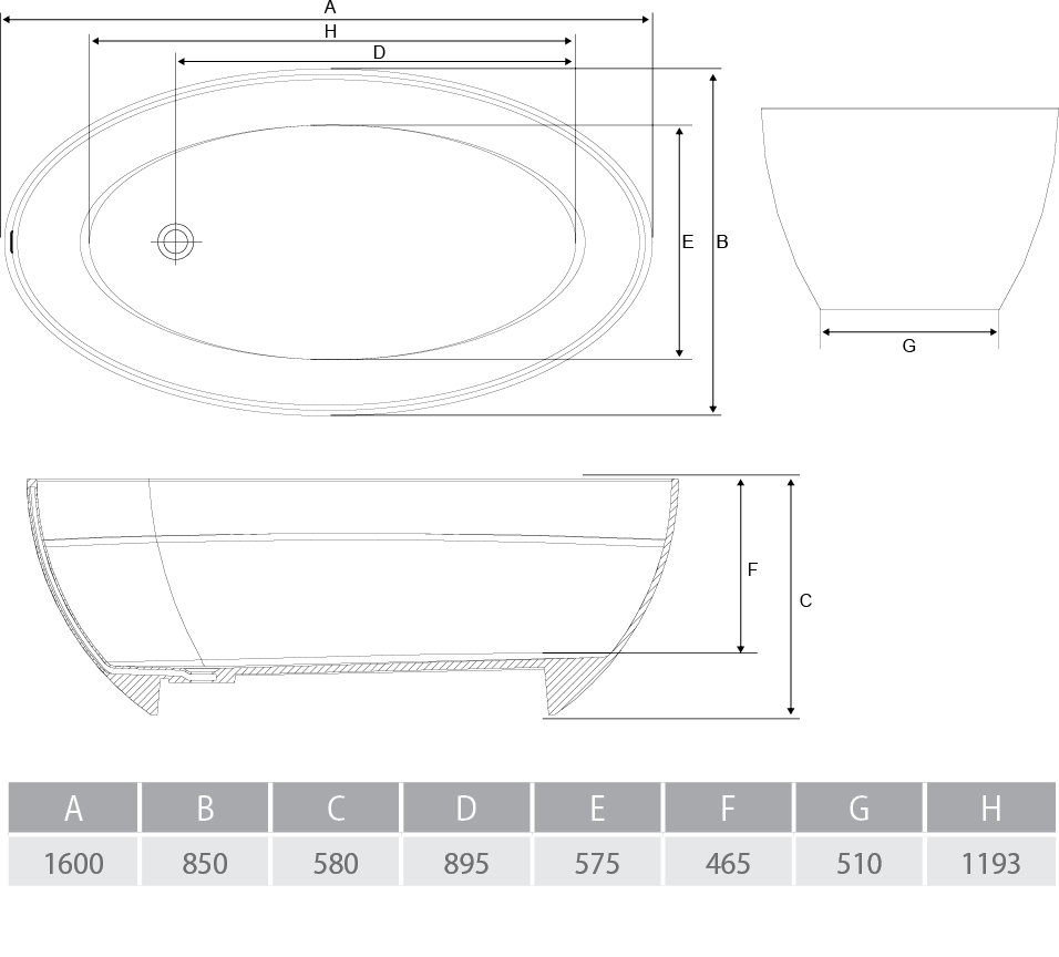 Ванна из литого мрамора ALPEN Venecia 160 VEN-170M - Вид №2