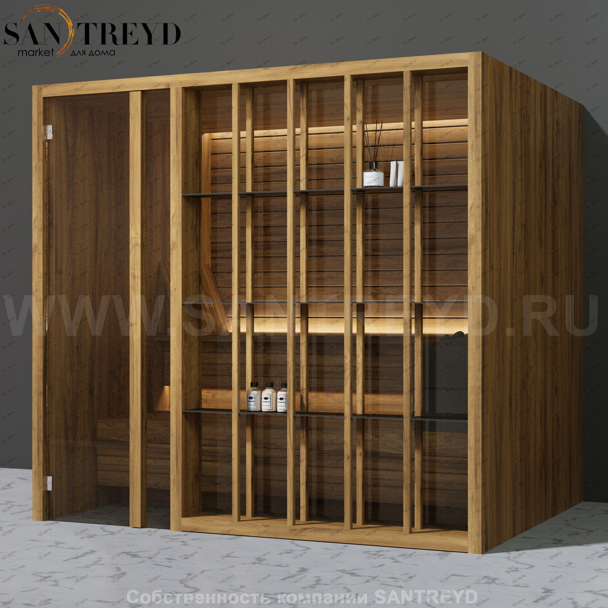 Effegibi YOKU.S105 SA.70100006 Сауна с левой дверью. Мощность: 10,5 кВт макс. Размеры: длина 230 см, ширина 200 см. Отделка: термообработанное дерево SA70100006