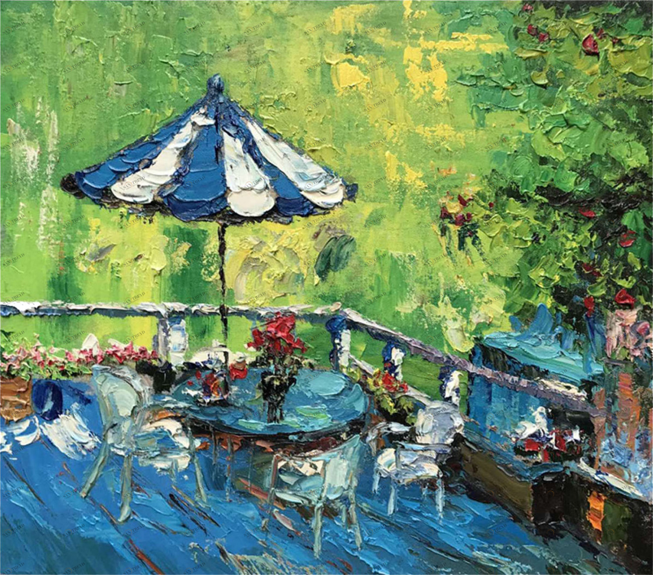 Картина на холсте 100х100 см "Стол на балконе EVENHOME КАРТИНЫ МАСЛОМ 129916 Голубой;зеленый;синий 