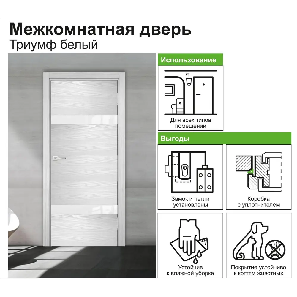 Дверь межкомнатная остеклённая с замком в комплекте Триумф 200x70 см ПВХ цвет белый 82333066 STLM-2120631 CASAPORTE  - Вид №2