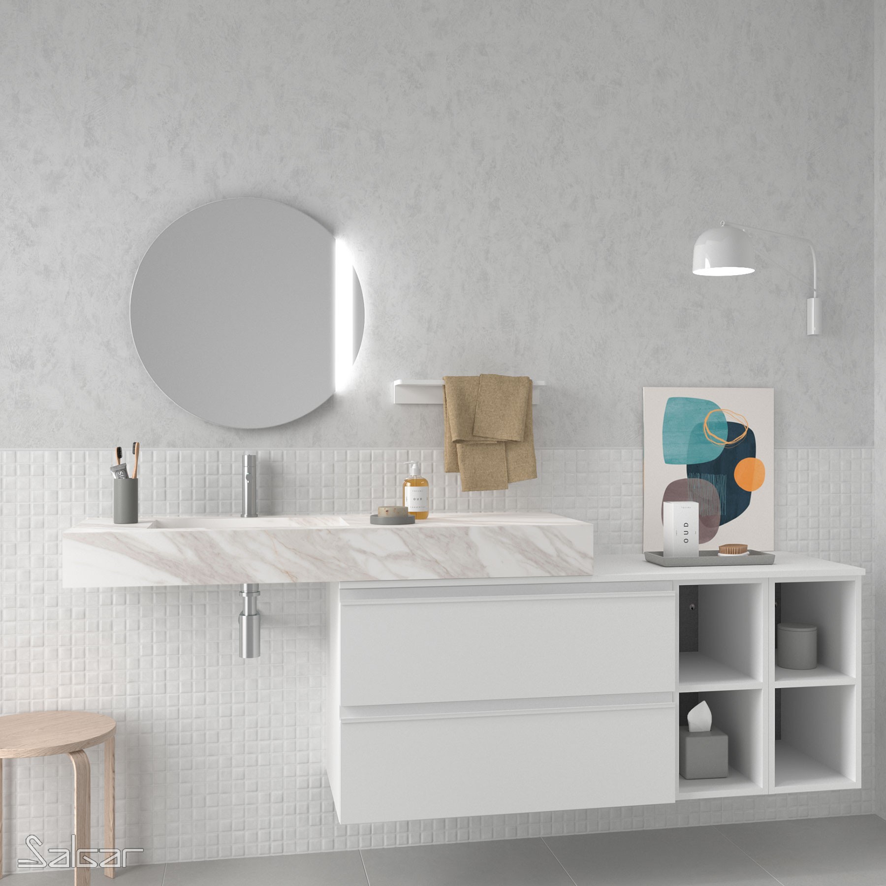 83353 SALGAR Столешница COMPAKT 51 WHITE MARBLE от 700 до 800 мм с 1 большой встроенной мойкой 700-800 x 510 x 120 мм  - Вид №2